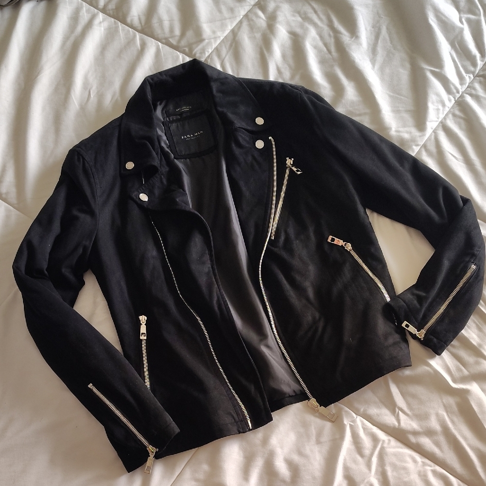 Zara Black Moto-Style Leather Jacket with Silver Hardware